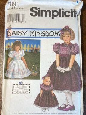 Vintage Simplicity 7891 Daisy Kingdom Girls Dress + Doll Dress Pattern Uncut Sz